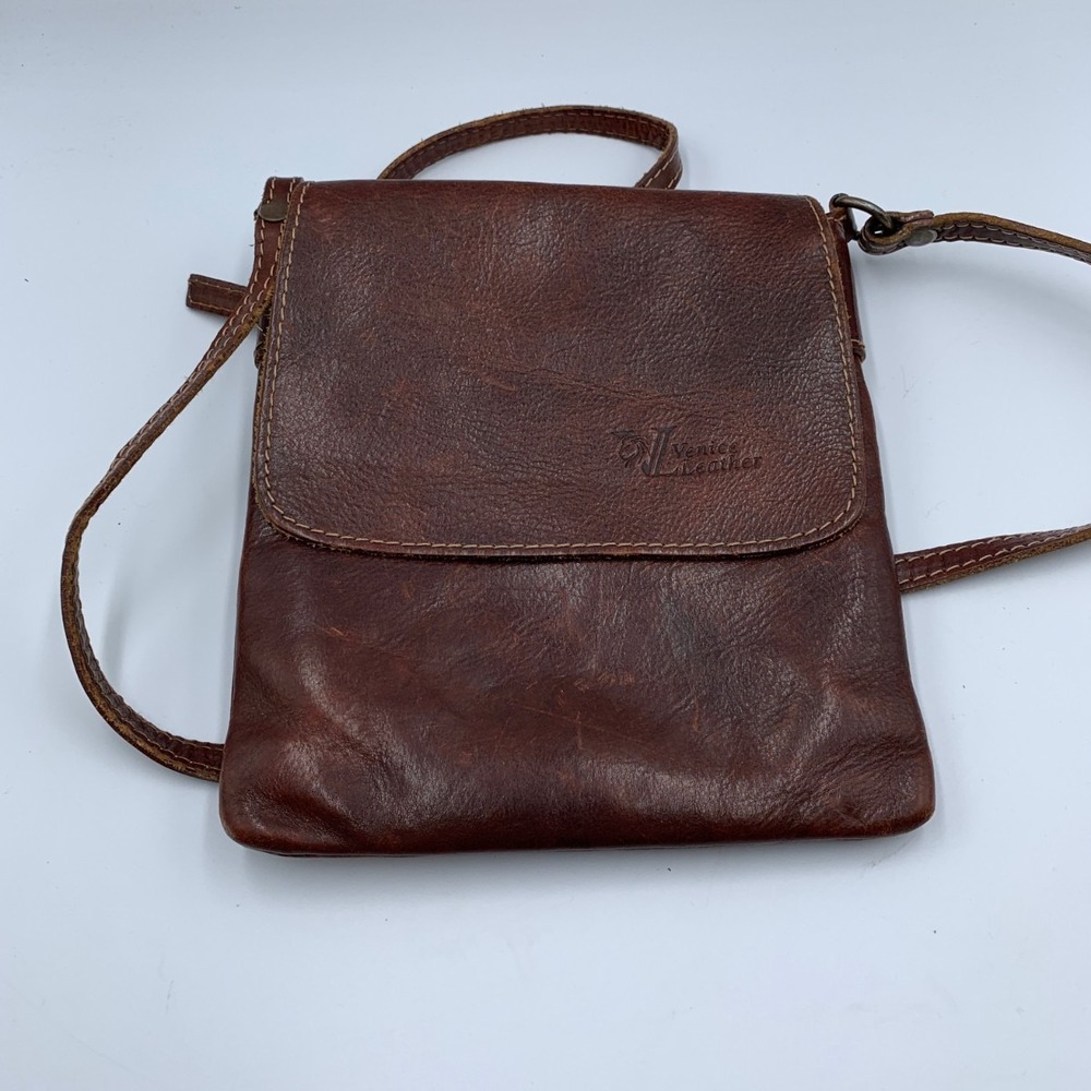 Venice Leather Crossbody Bag Womens Brown Fold Over Adjustable Shoulder Strap